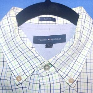Tommy Hilfiger White and Blue Plaid Slim Fit Button Down Shirt XL